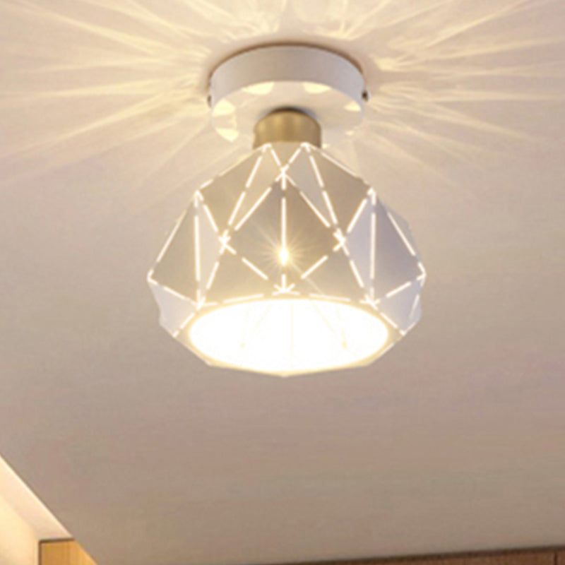 White Hollow Polyhedron Flush Ceiling Light 1 Light Simple Style Metallic Ceiling Lamp for Study Room Clearhalo 'Ceiling Lights' 'Close To Ceiling Lights' 'Close to ceiling' 'Semi-flushmount' Lighting' 254919