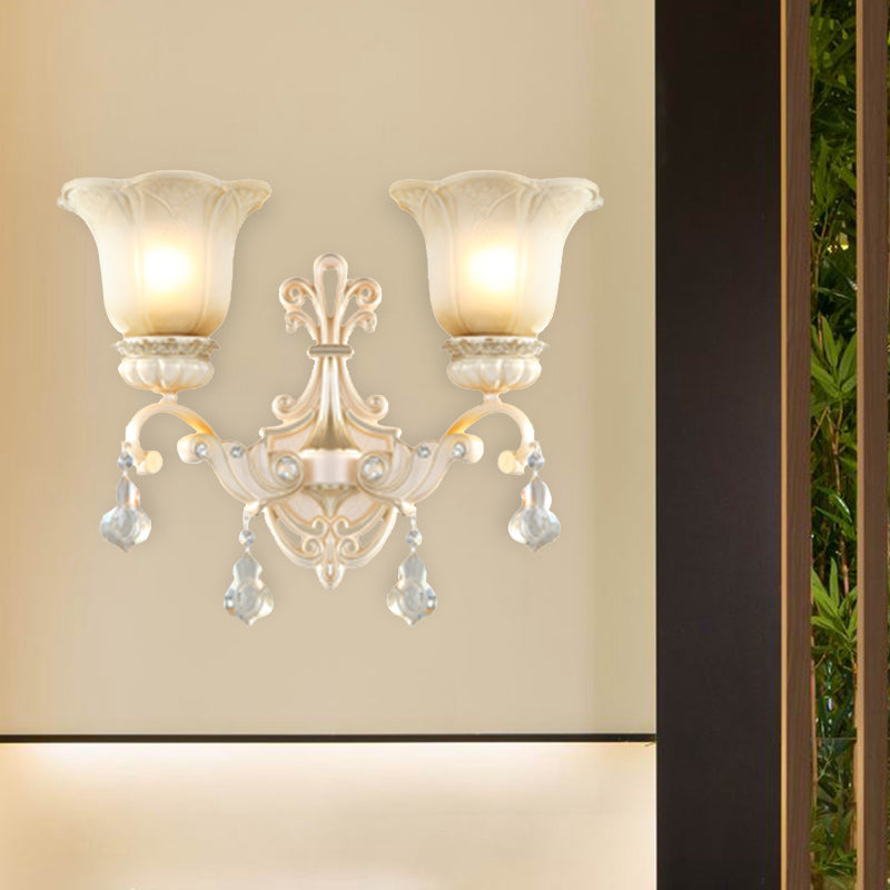 Flower White Glass Wall Mount Light Traditional 1/2 Lights Hallway Sconce Light Fixture with Crystal Drop Clearhalo 'Wall Lamps & Sconces' 'Wall Lights' Lighting' 255102