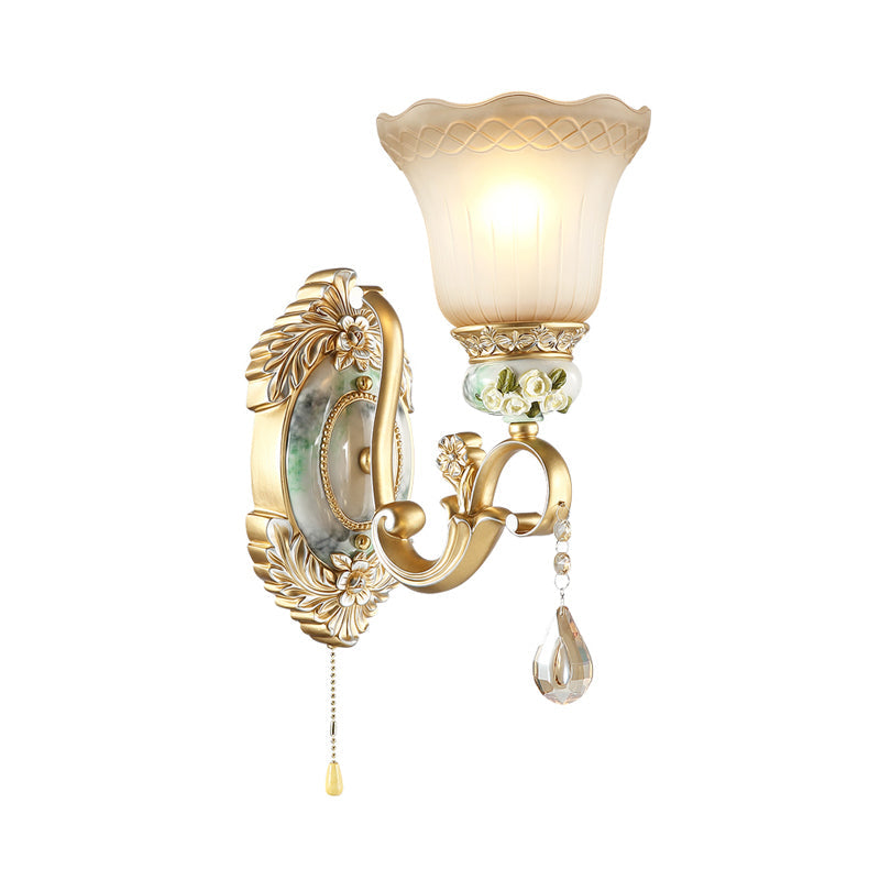 Gold Scallop Wall Light Vintage White Glass 1/2 Lights Living Room Sconce Light with Gold Arm and Backplate Clearhalo 'Wall Lamps & Sconces' 'Wall Lights' Lighting' 255139