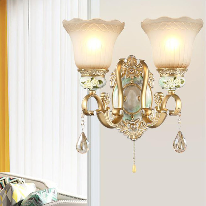 Gold Scallop Wall Light Vintage White Glass 1/2 Lights Living Room Sconce Light with Gold Arm and Backplate Clearhalo 'Wall Lamps & Sconces' 'Wall Lights' Lighting' 255142