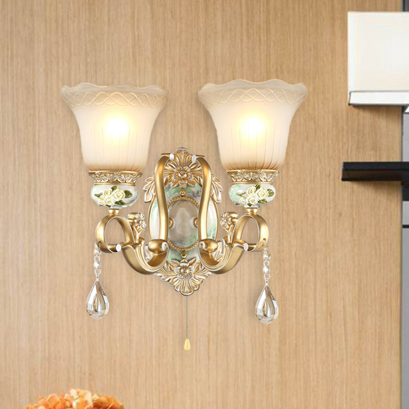 Gold Scallop Wall Light Vintage White Glass 1/2 Lights Living Room Sconce Light with Gold Arm and Backplate Clearhalo 'Wall Lamps & Sconces' 'Wall Lights' Lighting' 255143