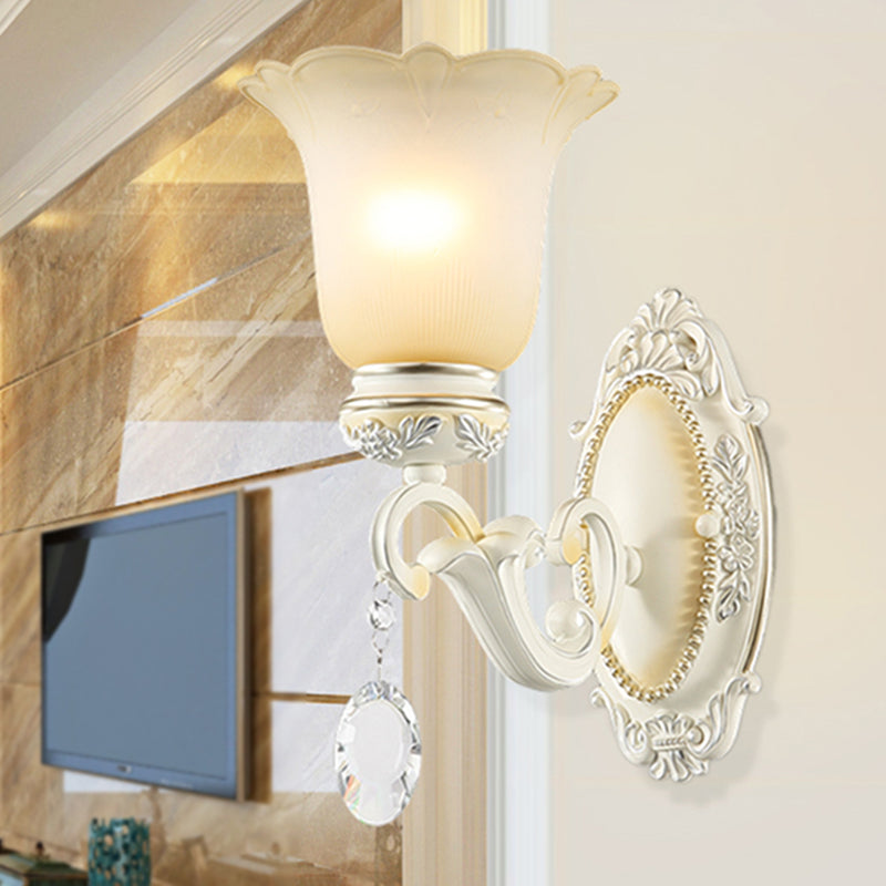 Ivory Flower Wall Light Traditional White Glass 1/2 Lights Living Room Sconce Light Clearhalo 'Wall Lamps & Sconces' 'Wall Lights' Lighting' 255168