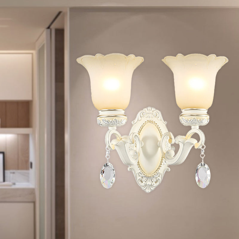 Ivory Flower Wall Light Traditional White Glass 1/2 Lights Living Room Sconce Light Clearhalo 'Wall Lamps & Sconces' 'Wall Lights' Lighting' 255174