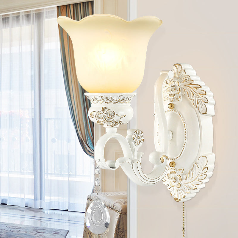 Scalloped White Glass Sconce Light Traditional 1/2 Lights Wall Light with Ivory Resin Backplate Clearhalo 'Wall Lamps & Sconces' 'Wall Lights' Lighting' 255200