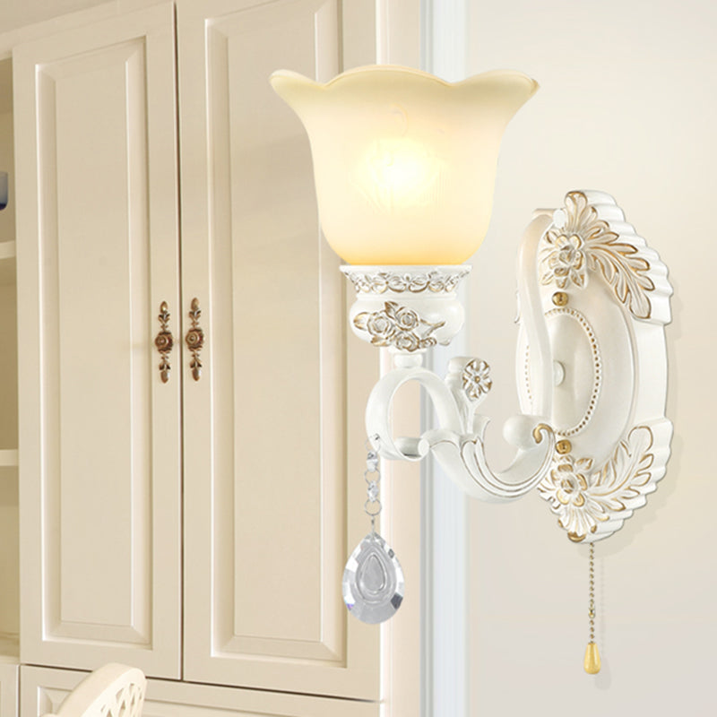 Scalloped White Glass Sconce Light Traditional 1/2 Lights Wall Light with Ivory Resin Backplate Clearhalo 'Wall Lamps & Sconces' 'Wall Lights' Lighting' 255202