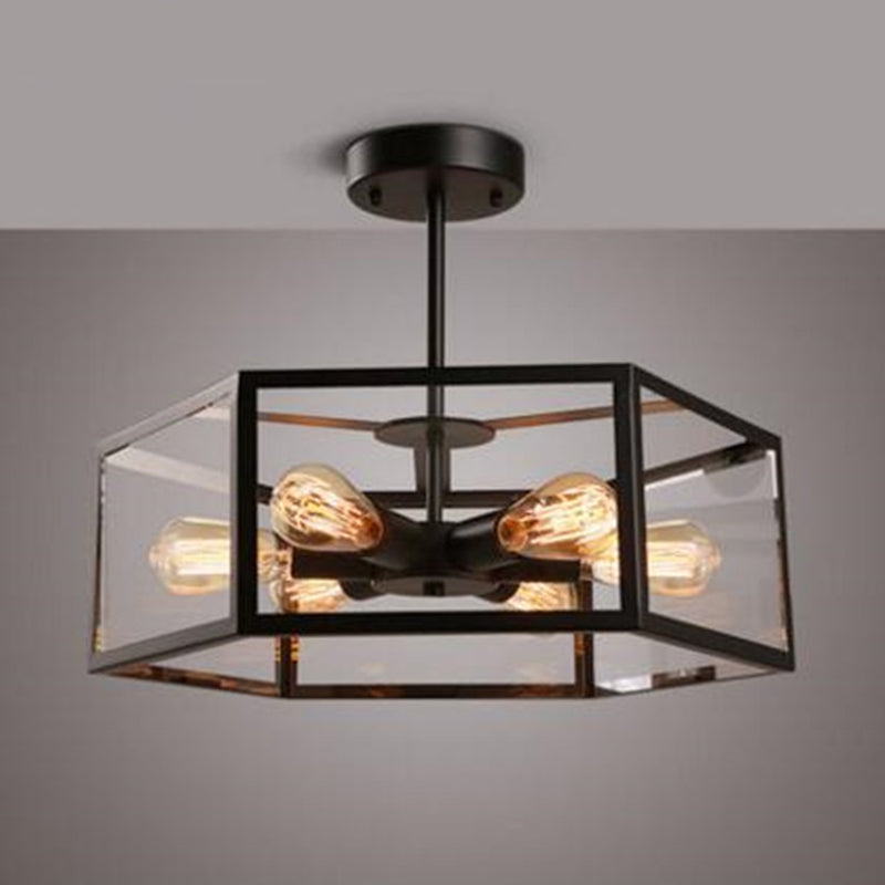 Retro Industrial Style Geometric Semi Flush Mount Light 6 Lights Metal Ceiling Flush Mount for Bar Black Clearhalo 'Cast Iron' 'Ceiling Lights' 'Chandeliers' 'Industrial Chandeliers' 'Industrial' 'Metal' 'Middle Century Chandeliers' 'Rustic Chandeliers' 'Tiffany' Lighting' 2552329