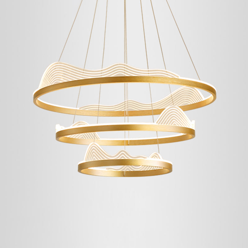 Ultra-modern Round Hanging Chandelier Metal Suspension Lighting with Lace Decoration for Living Room Gold 23.5