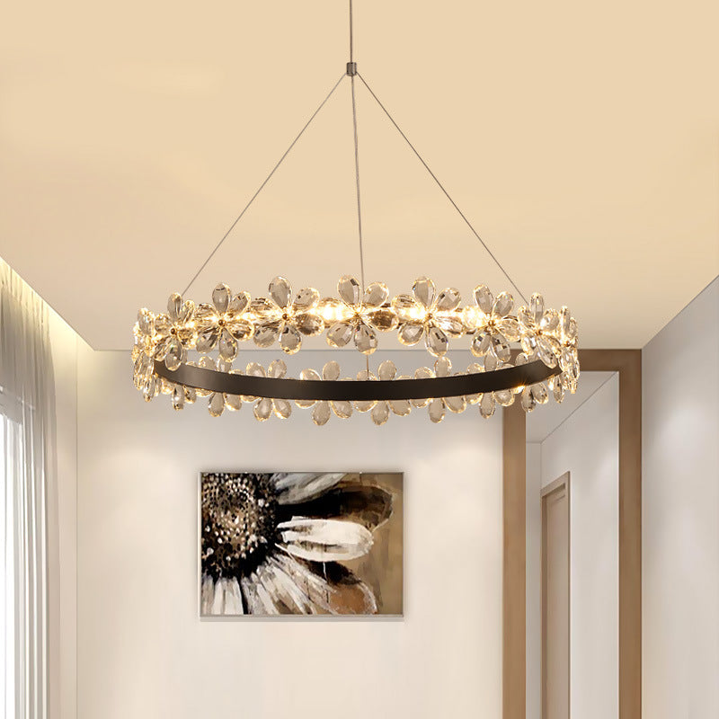 Ultra-modern Circle Hanging Chandelier Clear Crystal Hanging Lamp with Flower Decoration for Restaurant Clear 12