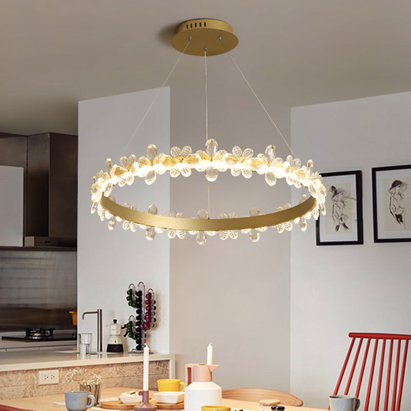 Ultra-modern Circle Hanging Chandelier Clear Crystal Hanging Lamp with Flower Decoration for Restaurant Clear 16