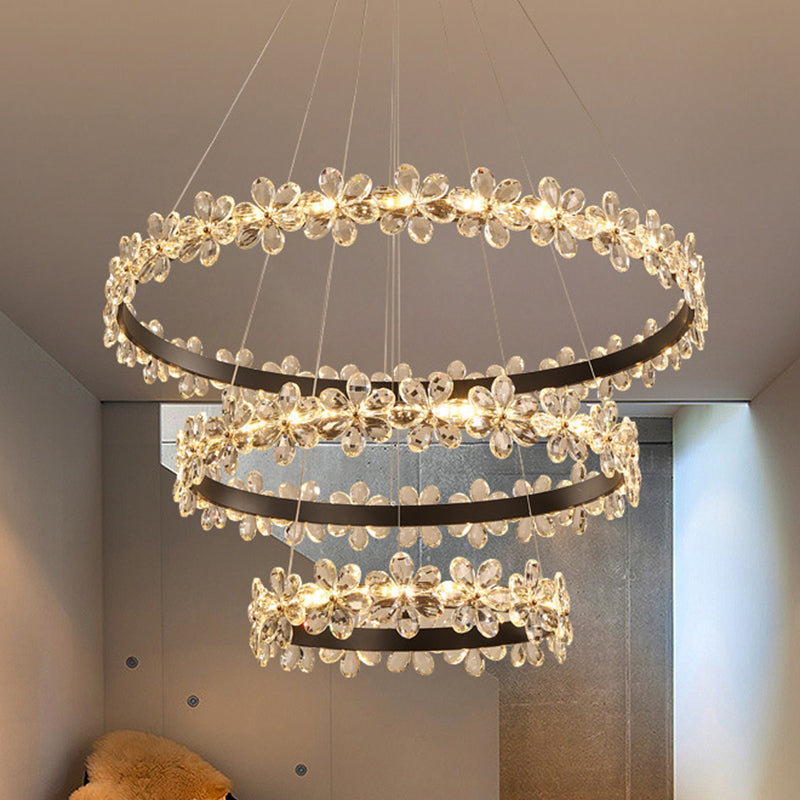 Ultra-modern Circle Hanging Chandelier Clear Crystal Hanging Lamp with Flower Decoration for Restaurant Clear 16