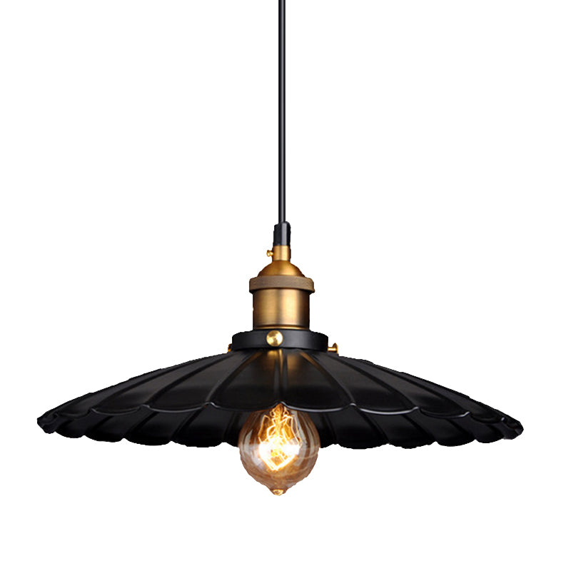 Scalloped Metal Pendant Lighting Farm Style Coffee Shop Hanging Light Kit in Black Black 16