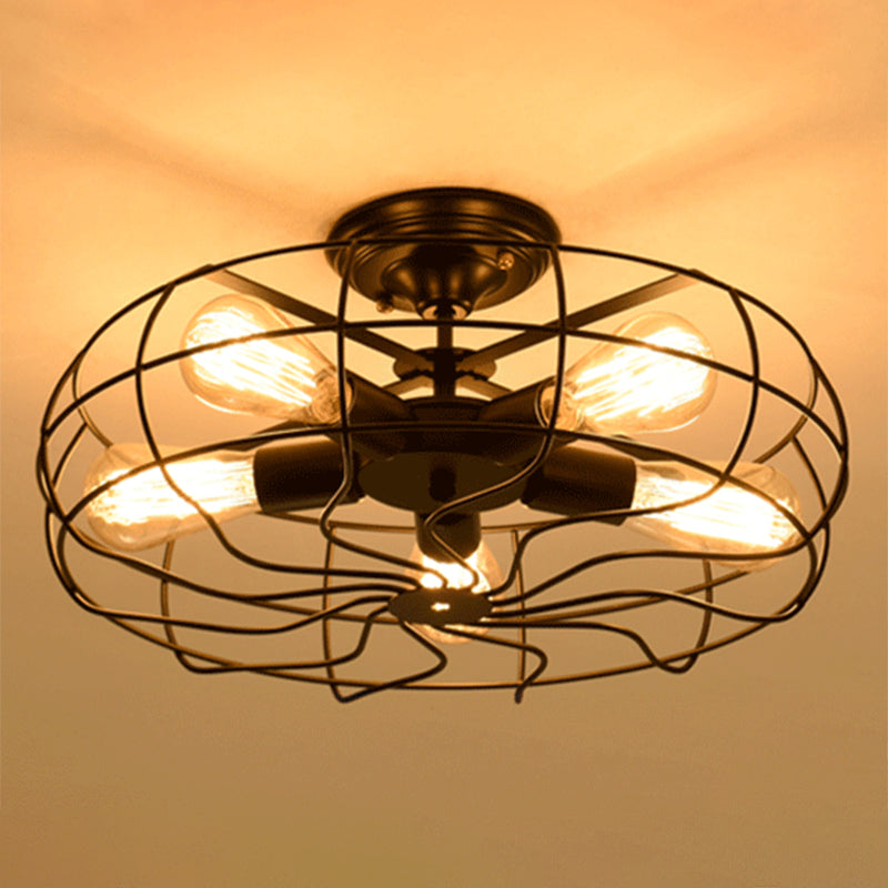 Metal Semi Flush Mount Chandelier Shabby Chic Black Cage Aisle Semi Mount Lighting Black Clearhalo 'Ceiling Lights' 'Close To Ceiling Lights' 'Close to ceiling' 'Semi-flushmount' Lighting' 2553184