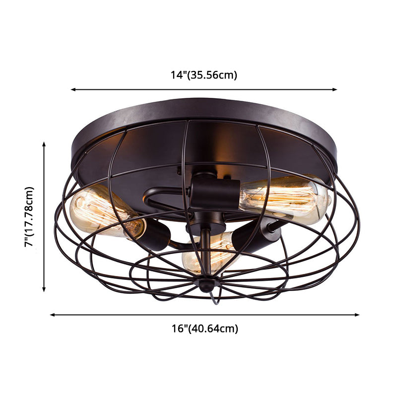 Drum Metal Flush Mount Ceiling Light Vintage Corridor Flushmount Lighting in Black Clearhalo 'Ceiling Lights' 'Close To Ceiling Lights' 'Close to ceiling' 'Flush mount' 'Industrial Flush Mount' Lighting' 2553189