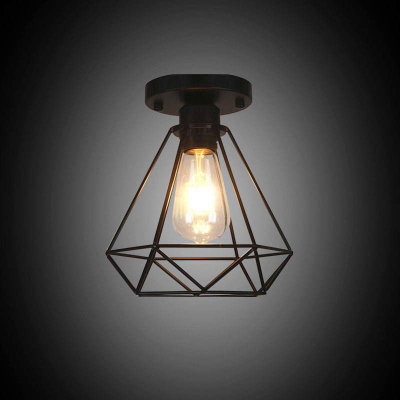 Metal Diamond Cage Semi Flush Mount Chandelier Loft Coffee Shop Semi Flush Pendant Light in Black Clearhalo 'Ceiling Lights' 'Close To Ceiling Lights' 'Close to ceiling' 'Semi-flushmount' Lighting' 2553193