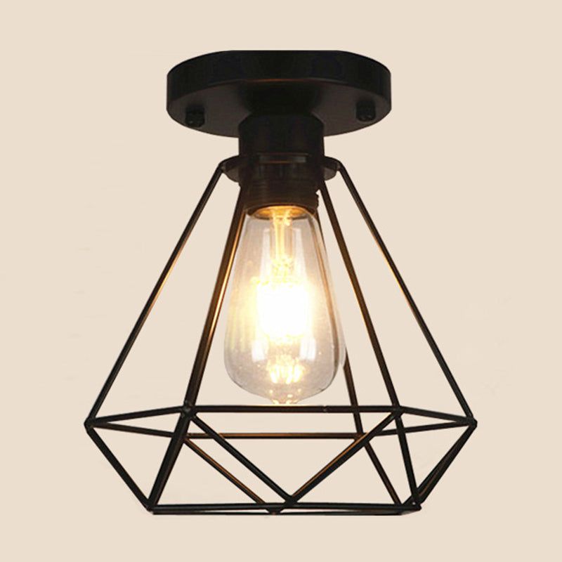 Metal Diamond Cage Semi Flush Mount Chandelier Loft Coffee Shop Semi Flush Pendant Light in Black Clearhalo 'Ceiling Lights' 'Close To Ceiling Lights' 'Close to ceiling' 'Semi-flushmount' Lighting' 2553194