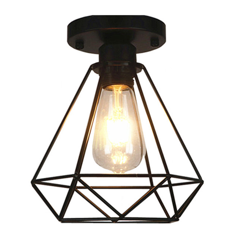 Metal Diamond Cage Semi Flush Mount Chandelier Loft Coffee Shop Semi Flush Pendant Light in Black Black Clearhalo 'Ceiling Lights' 'Close To Ceiling Lights' 'Close to ceiling' 'Semi-flushmount' Lighting' 2553195