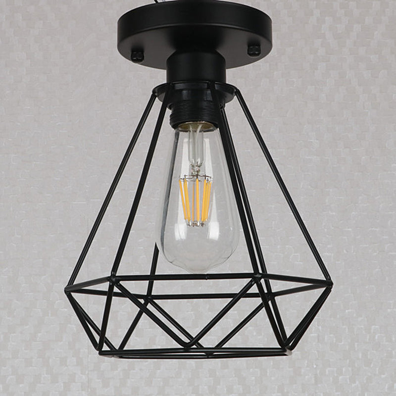 Metal Diamond Cage Semi Flush Mount Chandelier Loft Coffee Shop Semi Flush Pendant Light in Black Clearhalo 'Ceiling Lights' 'Close To Ceiling Lights' 'Close to ceiling' 'Semi-flushmount' Lighting' 2553196