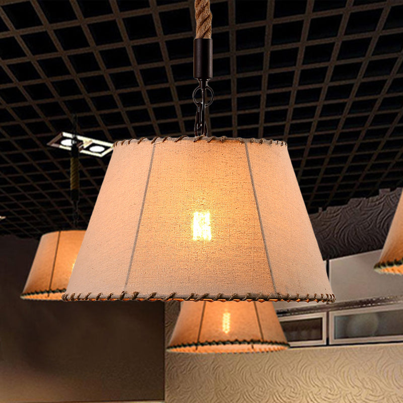 Fabric Beige Hanging Ceiling Light Tapered Shade 1 Head Lodge Pendant Light with Adjustable Rope Beige Clearhalo 'Ceiling Lights' 'Industrial Pendants' 'Industrial' 'Middle Century Pendants' 'Pendant Lights' 'Pendants' 'Tiffany' Lighting' 255329