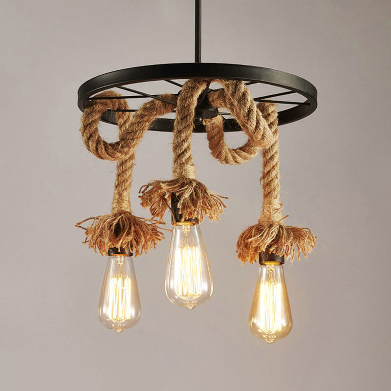 Black Metal Wagon Wheel Chandelier Retro Industrial Rope Suspension Light for Restaurant 3 Black Clearhalo 'Ceiling Lights' 'Chandeliers' 'Industrial Chandeliers' 'Industrial' 'Middle Century Chandeliers' 'Tiffany' Lighting' 2554292