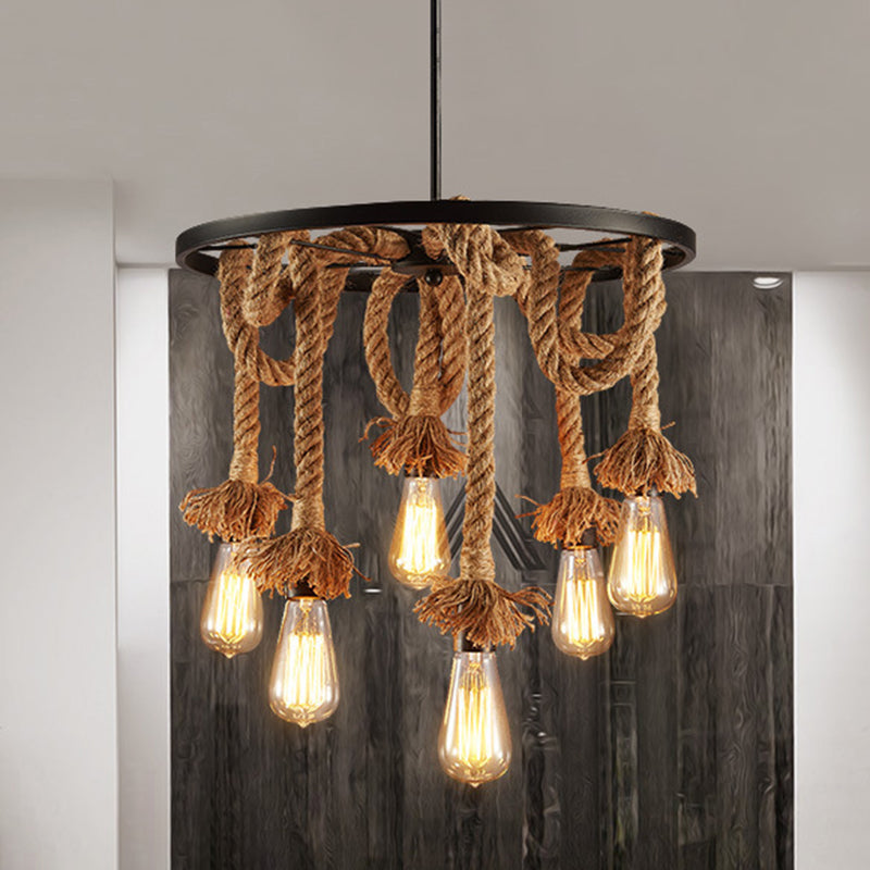 Black Metal Wagon Wheel Chandelier Retro Industrial Rope Suspension Light for Restaurant Clearhalo 'Ceiling Lights' 'Chandeliers' 'Industrial Chandeliers' 'Industrial' 'Middle Century Chandeliers' 'Tiffany' Lighting' 2554293