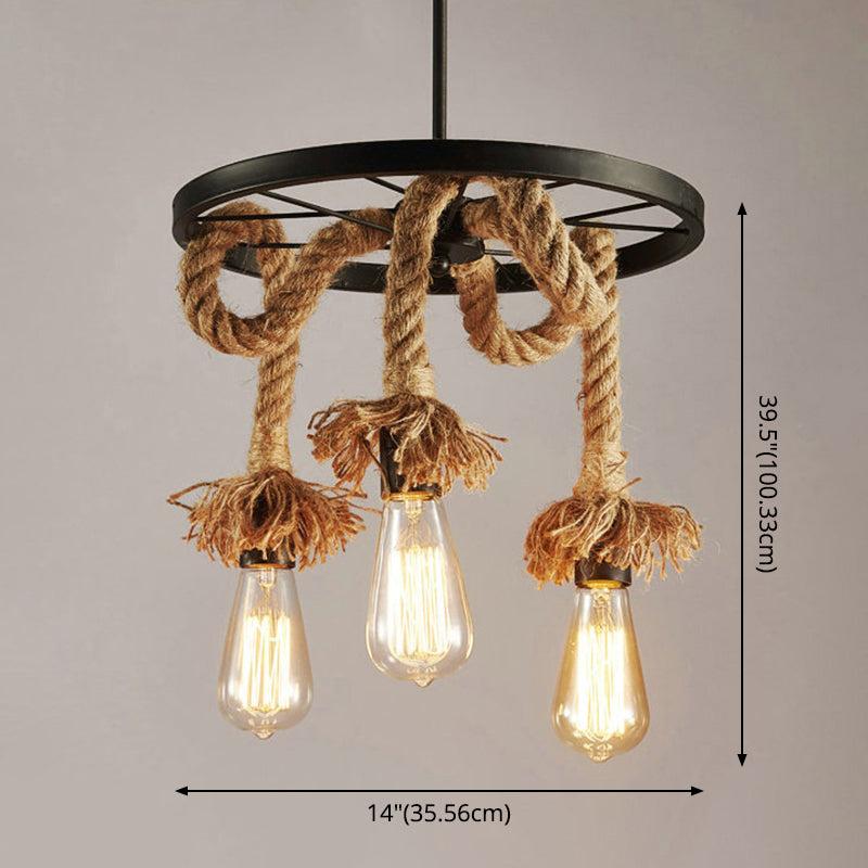 Black Metal Wagon Wheel Chandelier Retro Industrial Rope Suspension Light for Restaurant Clearhalo 'Ceiling Lights' 'Chandeliers' 'Industrial Chandeliers' 'Industrial' 'Middle Century Chandeliers' 'Tiffany' Lighting' 2554297