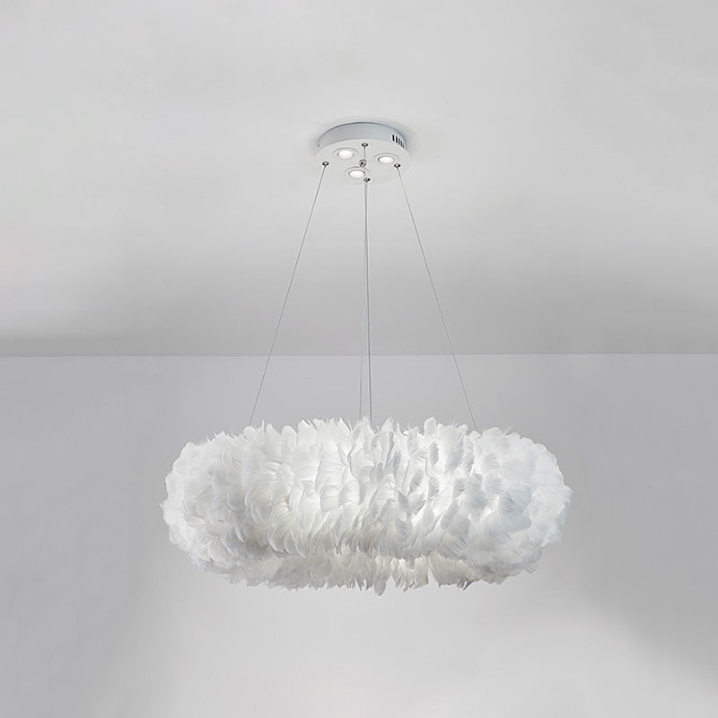 White Doughnut Shape Feather Chandelier Light Modern Style Hanging Pendant Lamp for Bedroom White 19.5