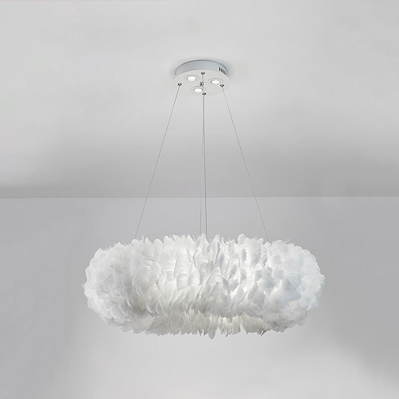 White Doughnut Shape Feather Chandelier Light Modern Style Hanging Pendant Lamp for Bedroom White 24