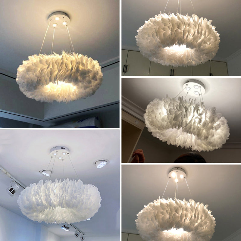 White Doughnut Shape Feather Chandelier Light Modern Style Hanging Pendant Lamp for Bedroom Clearhalo 'Ceiling Lights' 'Chandeliers' 'Modern Chandeliers' 'Modern' Lighting' 2555224