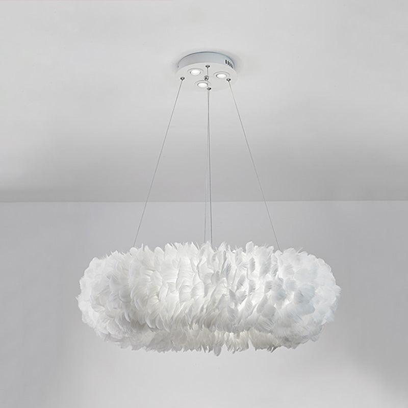 White Doughnut Shape Feather Chandelier Light Modern Style Hanging Pendant Lamp for Bedroom White 27.5