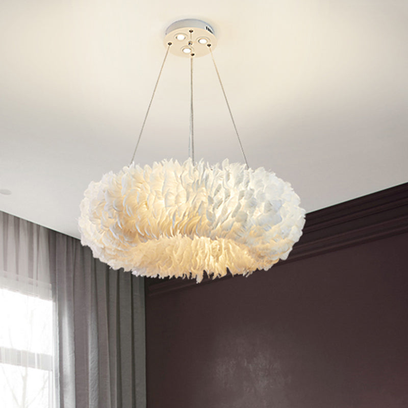 White Doughnut Shape Feather Chandelier Light Modern Style Hanging Pendant Lamp for Bedroom Clearhalo 'Ceiling Lights' 'Chandeliers' 'Modern Chandeliers' 'Modern' Lighting' 2555227