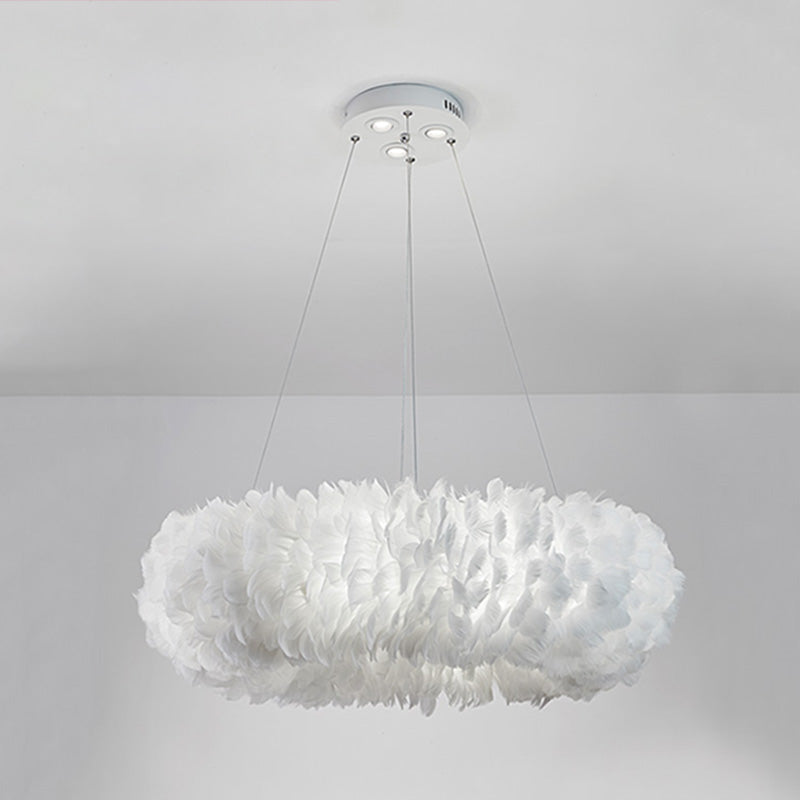 White Doughnut Shape Feather Chandelier Light Modern Style Hanging Pendant Lamp for Bedroom White 31.5