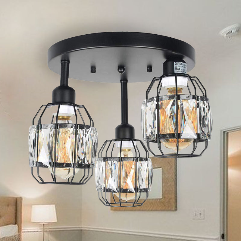 Traditional Cup Shape Flush Ceiling Lamp Iron Frame 3-Light Black Semi Flushmount Lighting with Crystal Accent Black Clearhalo 'Ceiling Lights' 'Close To Ceiling Lights' 'Close to ceiling' 'Flush mount' Lighting' 255562