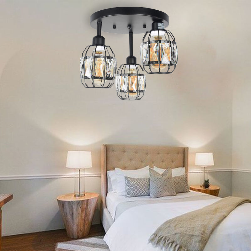 Traditional Cup Shape Flush Ceiling Lamp Iron Frame 3-Light Black Semi Flushmount Lighting with Crystal Accent Clearhalo 'Ceiling Lights' 'Close To Ceiling Lights' 'Close to ceiling' 'Flush mount' Lighting' 255563