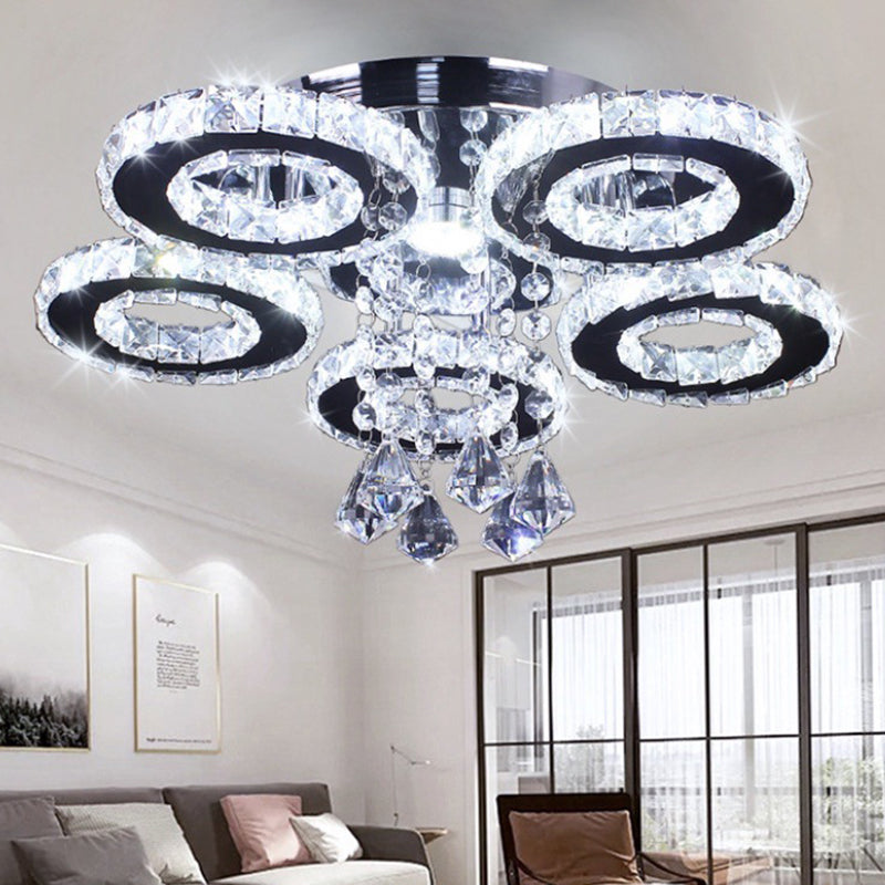 Floral Crystal Semi Flush Ceiling Light Modern Stainless Steel LED Flush Mount Fixture for Bedroom Stainless-Steel White A Clearhalo 'Ceiling Lights' 'Close To Ceiling Lights' 'Close to ceiling' 'Semi-flushmount' Lighting' 2556450