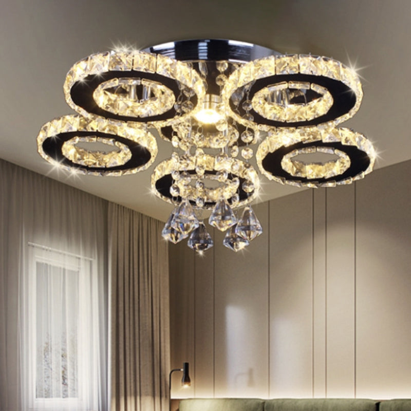 Floral Crystal Semi Flush Ceiling Light Modern Stainless Steel LED Flush Mount Fixture for Bedroom Stainless-Steel Warm A Clearhalo 'Ceiling Lights' 'Close To Ceiling Lights' 'Close to ceiling' 'Semi-flushmount' Lighting' 2556452