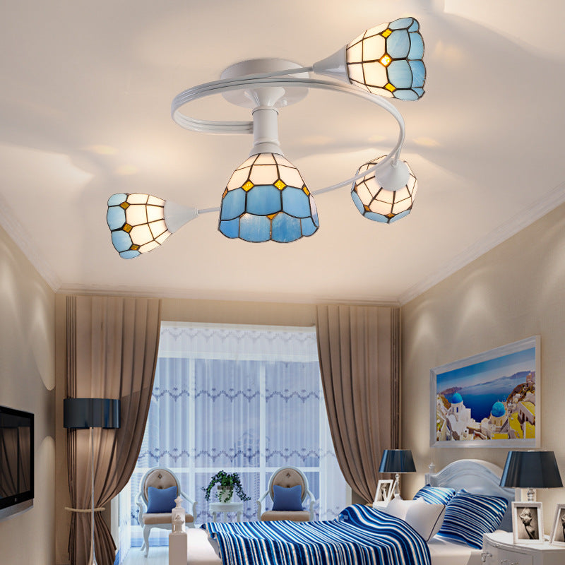 Floral Swirl Semi Flush Light Blue-White Glass Mediterranean Ceiling Light for Living Room 4 White Clearhalo 'Ceiling Lights' 'Close To Ceiling Lights' 'Close to ceiling' 'Glass shade' 'Glass' 'Semi-flushmount' 'Tiffany close to ceiling' 'Tiffany' Lighting' 2556569