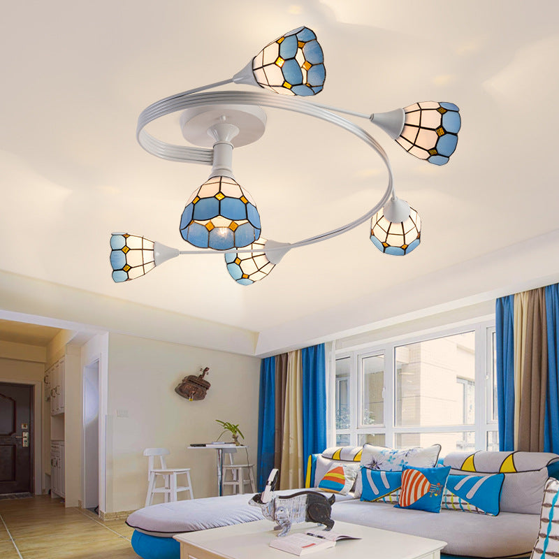 Floral Swirl Semi Flush Light Blue-White Glass Mediterranean Ceiling Light for Living Room 6 White Clearhalo 'Ceiling Lights' 'Close To Ceiling Lights' 'Close to ceiling' 'Glass shade' 'Glass' 'Semi-flushmount' 'Tiffany close to ceiling' 'Tiffany' Lighting' 2556570