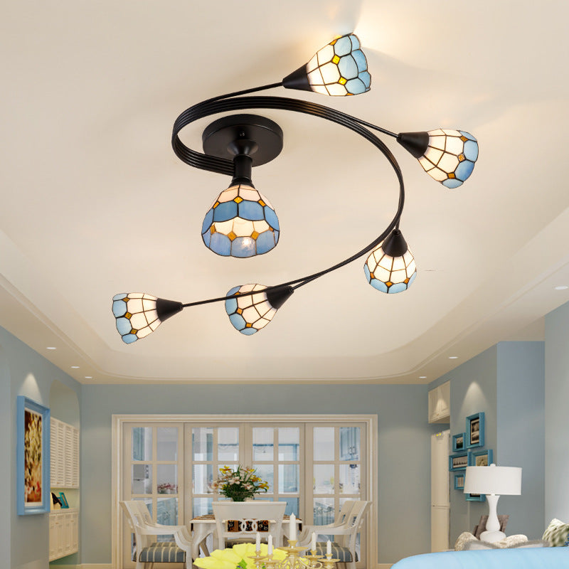 Floral Swirl Semi Flush Light Blue-White Glass Mediterranean Ceiling Light for Living Room 6 Black Clearhalo 'Ceiling Lights' 'Close To Ceiling Lights' 'Close to ceiling' 'Glass shade' 'Glass' 'Semi-flushmount' 'Tiffany close to ceiling' 'Tiffany' Lighting' 2556571