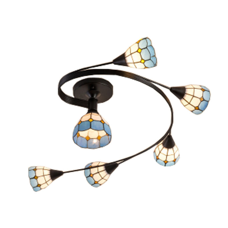 Floral Swirl Semi Flush Light Blue-White Glass Mediterranean Ceiling Light for Living Room Clearhalo 'Ceiling Lights' 'Close To Ceiling Lights' 'Close to ceiling' 'Glass shade' 'Glass' 'Semi-flushmount' 'Tiffany close to ceiling' 'Tiffany' Lighting' 2556575