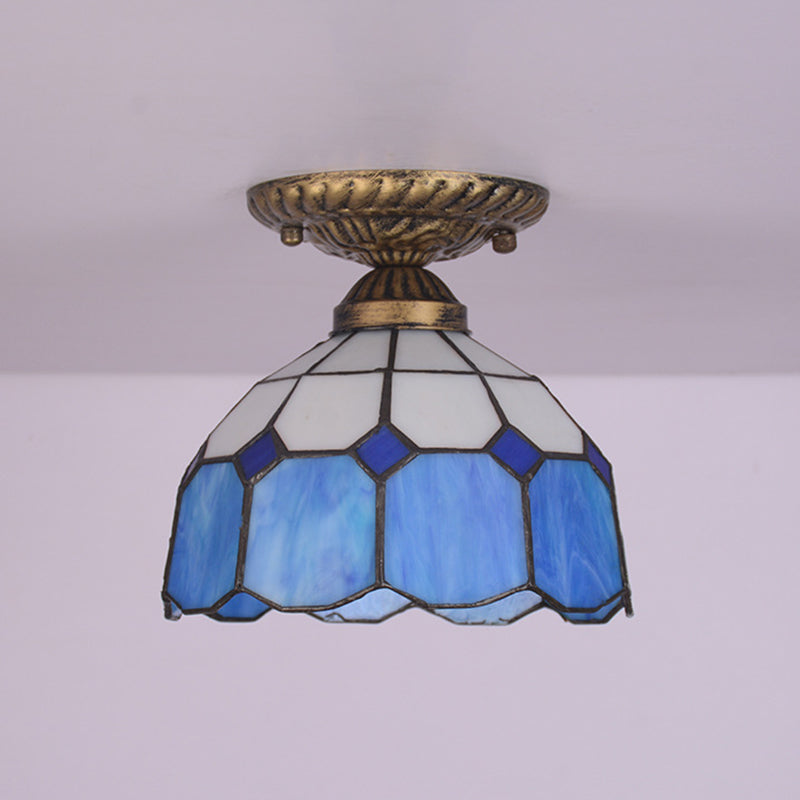 Floral Small Ceiling Mount Lamp Mediterranean Cut Glass 1 Head Semi Flush Mount Lighting for Foyer Clearhalo 'Ceiling Lights' 'Close To Ceiling Lights' 'Close to ceiling' 'Glass shade' 'Glass' 'Semi-flushmount' 'Tiffany close to ceiling' 'Tiffany' Lighting' 2556587