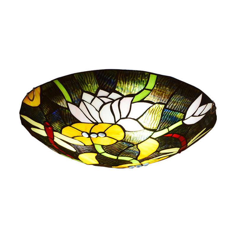 Black Bowl Shaped Ceiling Lamp Tiffany Stained Glass Flush Mount Light with Lotus and Dragonfly Pattern Clearhalo 'Ceiling Lights' 'Close To Ceiling Lights' 'Close to ceiling' 'Flush mount' Lighting' 2556620