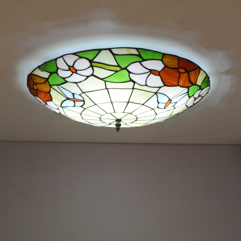 Multicolored Stained Glass Bowl Flushmount Tiffany-Style Ceiling Light for Bedroom Clearhalo 'Ceiling Lights' 'Close To Ceiling Lights' 'Close to ceiling' 'Flush mount' Lighting' 2556640