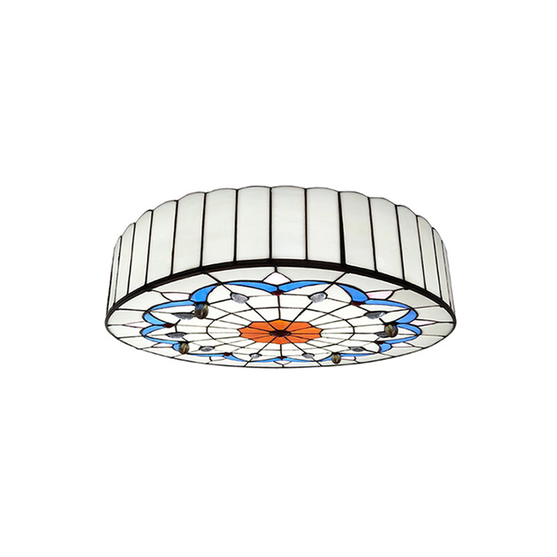 Drum Ceiling Mount Light Mediterranean Stained Glass Flush Mount Fixture for Bedroom White 19.5