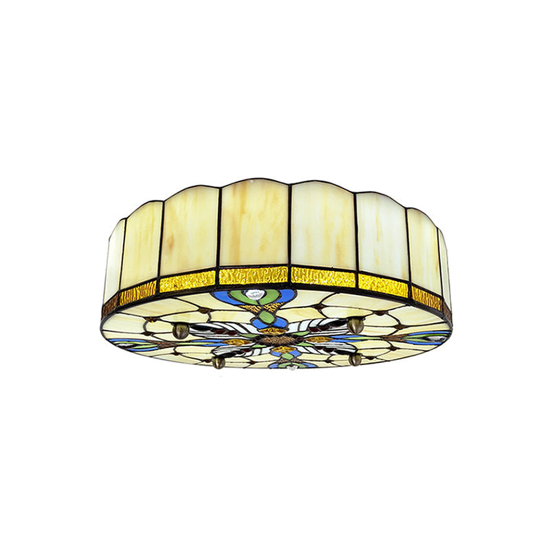 Drum Ceiling Mount Light Mediterranean Stained Glass Flush Mount Fixture for Bedroom Beige 16