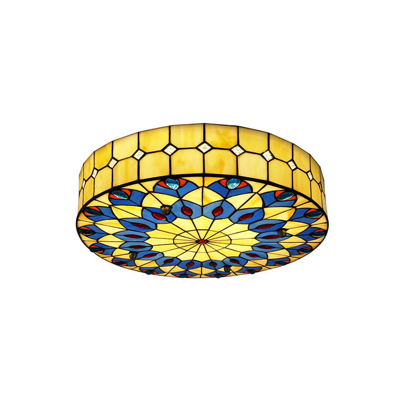 Drum Ceiling Mount Light Mediterranean Stained Glass Flush Mount Fixture for Bedroom Yellow 16