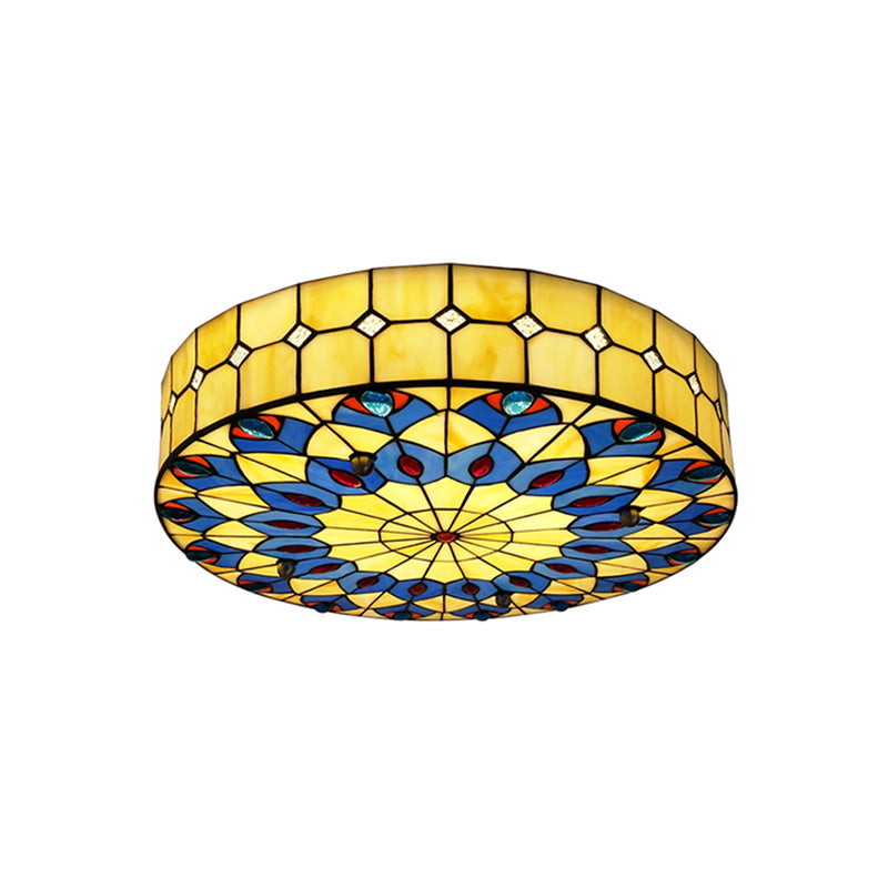 Drum Ceiling Mount Light Mediterranean Stained Glass Flush Mount Fixture for Bedroom Yellow 19.5