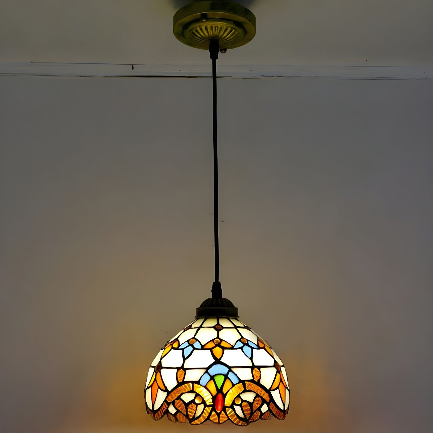 Bowl Pendant Light Tiffany-Style 1 Light Stained Glass Hanging Lamp for Dining Room Beige 8