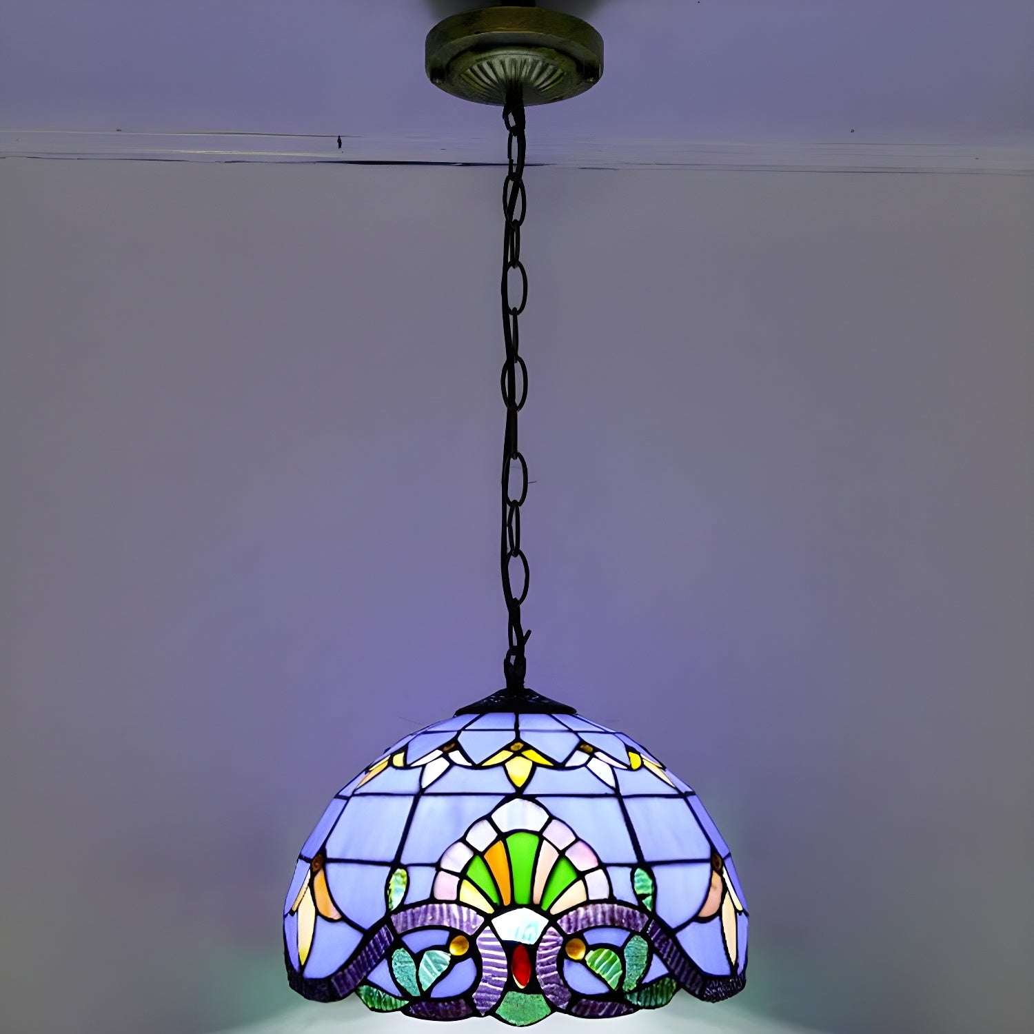 Bowl Pendant Light Tiffany-Style 1 Light Stained Glass Hanging Lamp for Dining Room Blue 12
