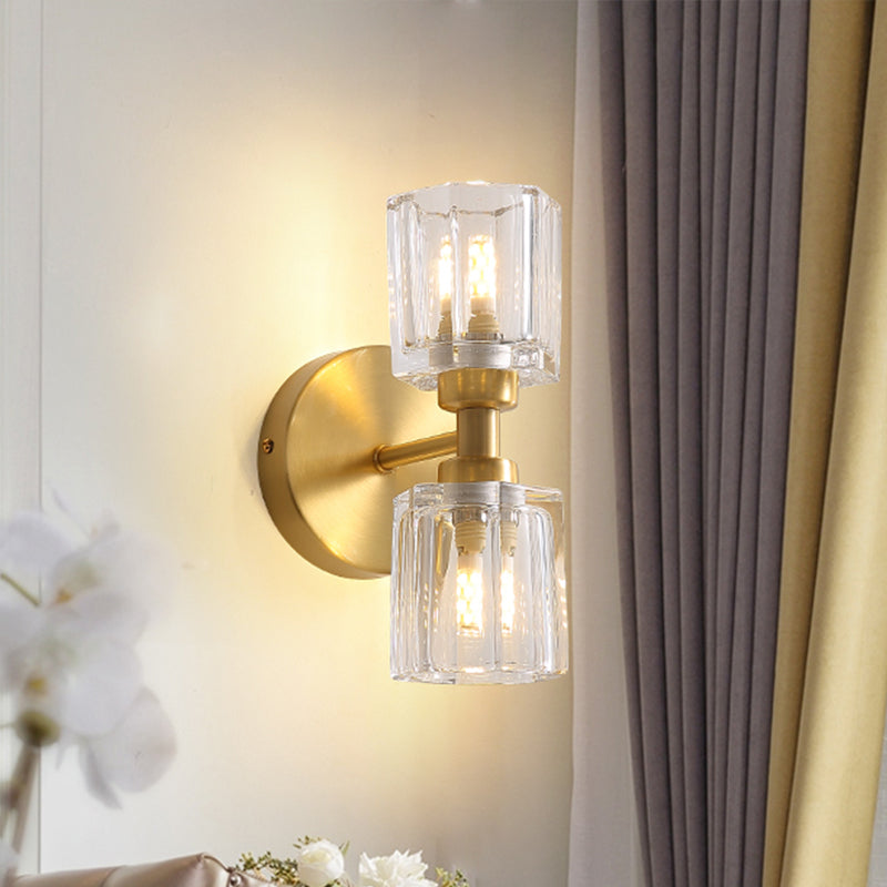 Tapered Living Room Wall Light Clear Crystal 2 Bulbs Modern Style Wall Sconce Lamp in Gold Finish Clearhalo 'Modern wall lights' 'Modern' 'Wall Lamps & Sconces' 'Wall Lights' Lighting' 255722