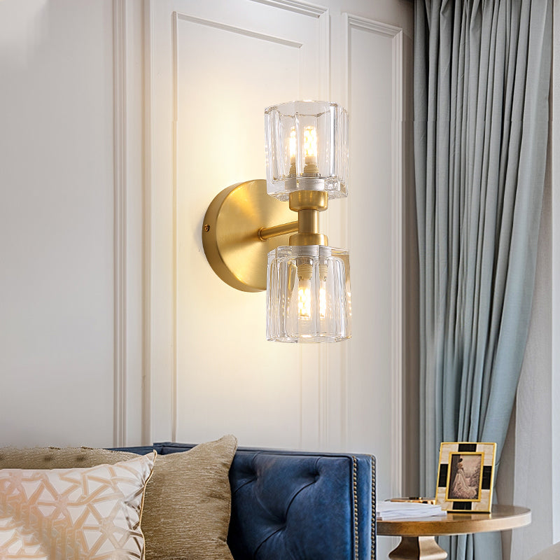 Tapered Living Room Wall Light Clear Crystal 2 Bulbs Modern Style Wall Sconce Lamp in Gold Finish Clearhalo 'Modern wall lights' 'Modern' 'Wall Lamps & Sconces' 'Wall Lights' Lighting' 255723